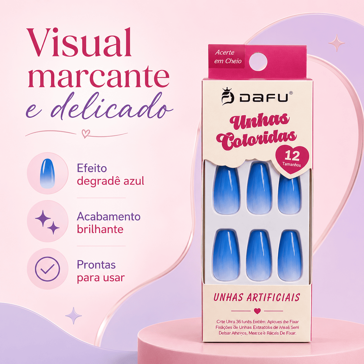 Unhas Postiças DAFU Coloridas Azul 12 Peças Decoradas Femininas Práticas - Imagem 6
