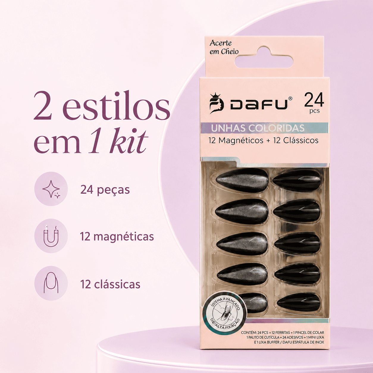 Unhas Postiças Coloridas DAFU 24 Peças Espelhadas Magneticas - Imagem 2