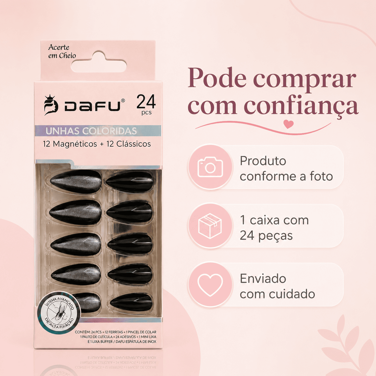 Unhas Postiças Coloridas DAFU 24 Peças Espelhadas Magneticas - Imagem 3