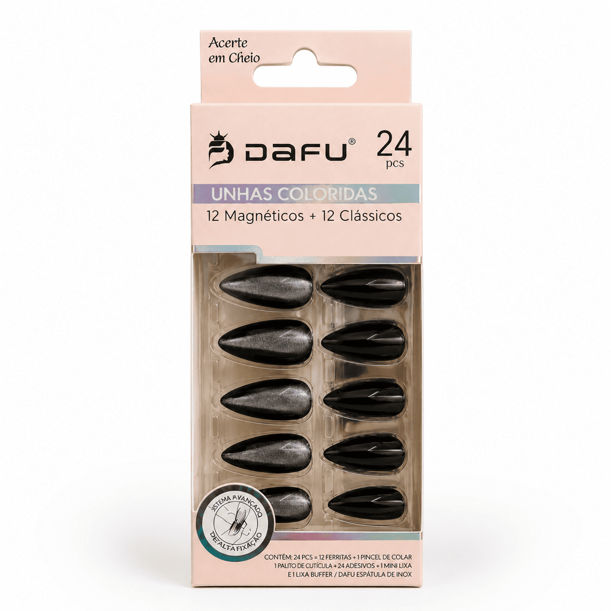 Unhas Postiças Coloridas DAFU 24 Peças Espelhadas Magneticas