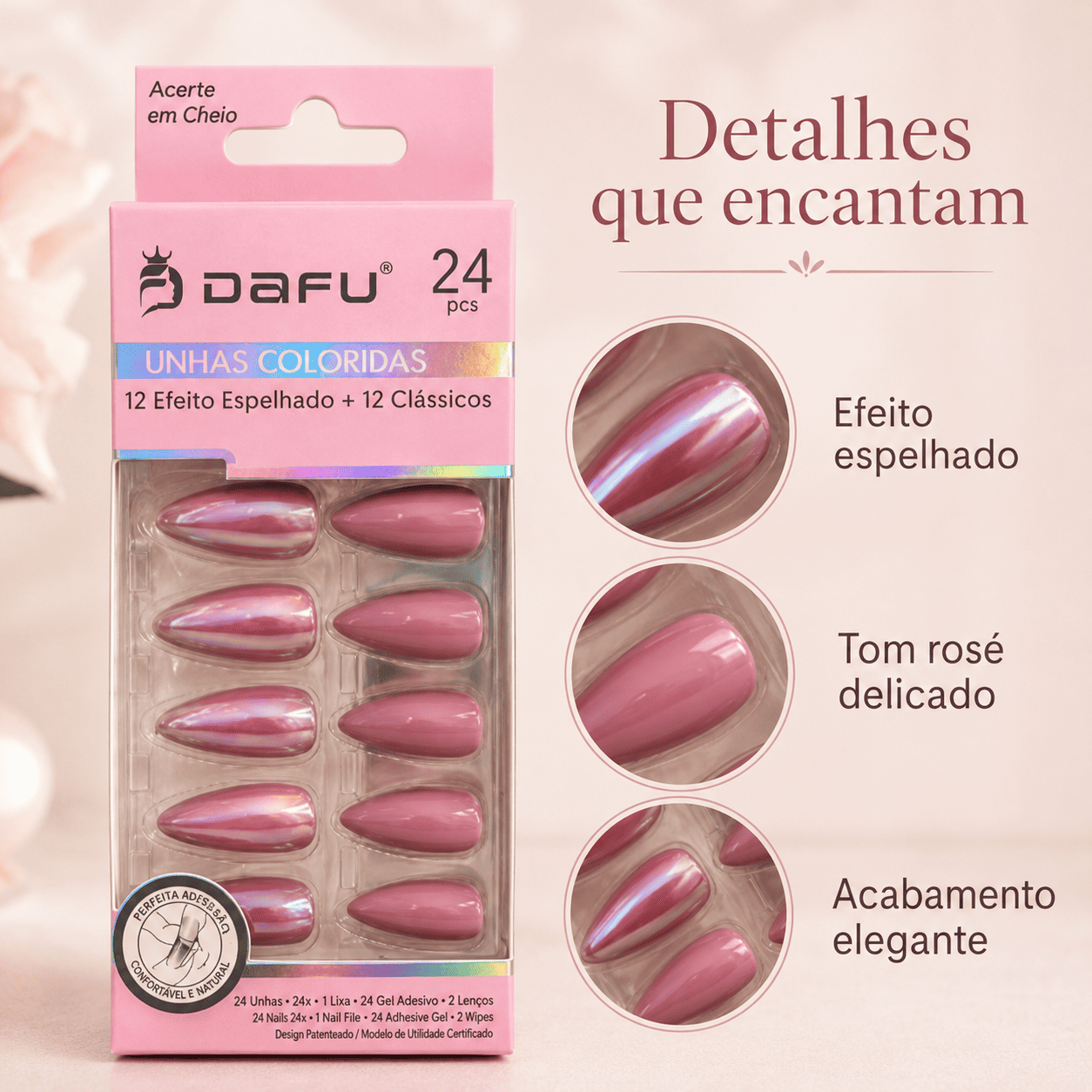 Unhas Postiças DAFU Coloridas Rosé Espelhadas 24 Peças Femininas Decoradas - Imagem 2