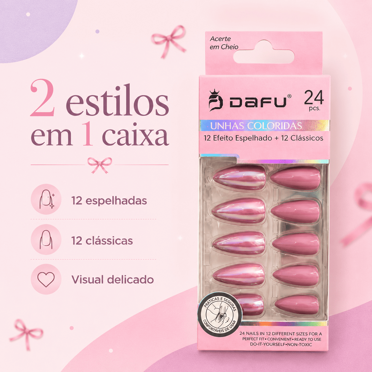 Unhas Postiças DAFU Coloridas Rosé Espelhadas 24 Peças Femininas Decoradas - Imagem 4