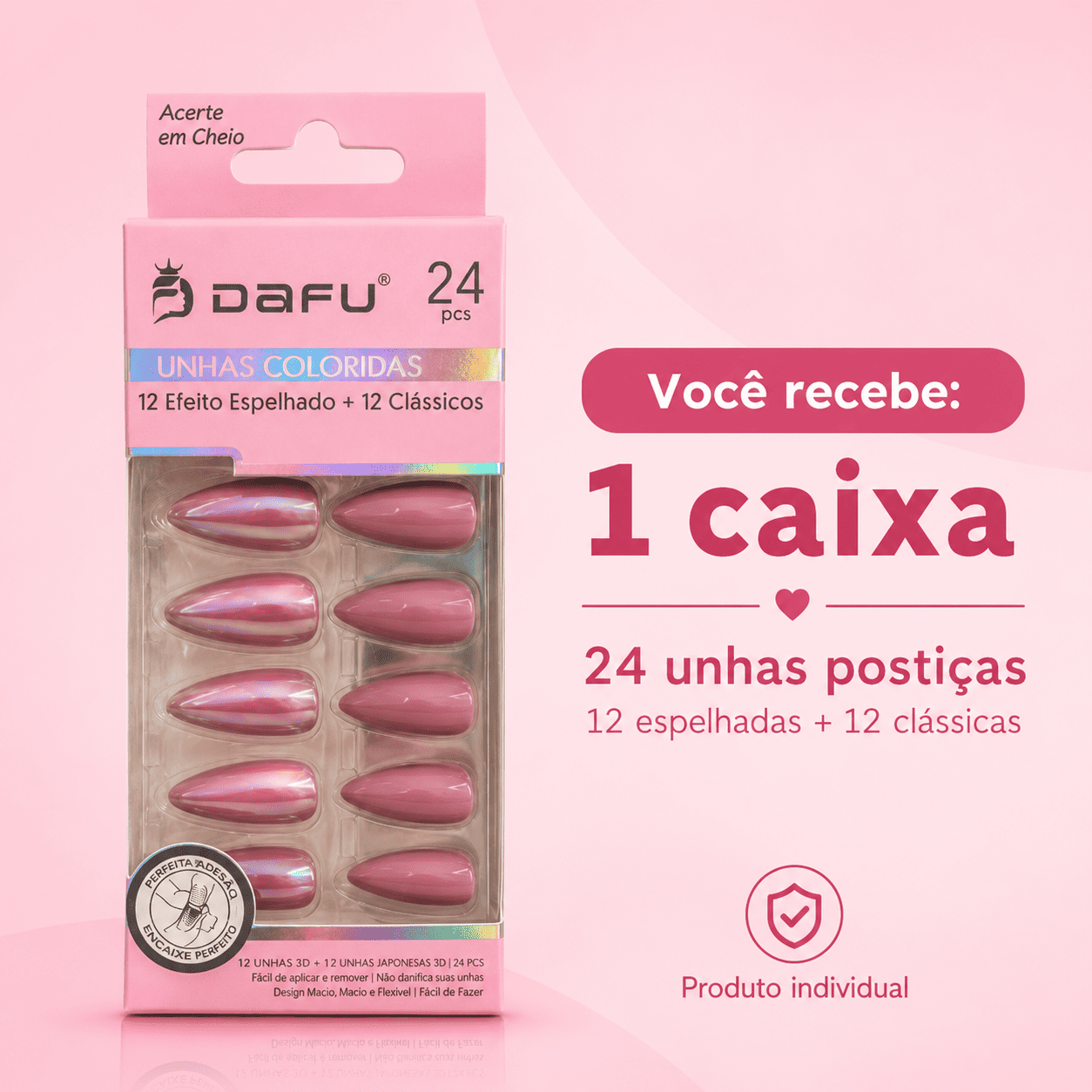 Unhas Postiças DAFU Coloridas Rosé Espelhadas 24 Peças Femininas Decoradas - Imagem 3