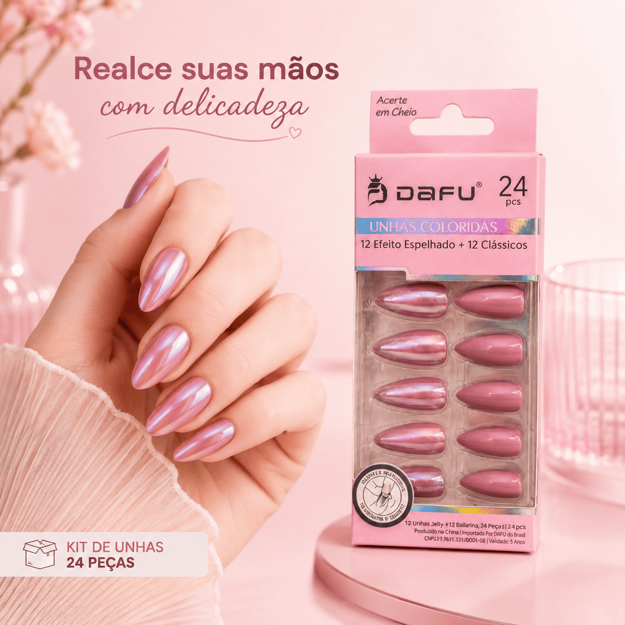 Unhas Postiças DAFU Coloridas Rosé Espelhadas 24 Peças Femininas Decoradas - Imagem 6