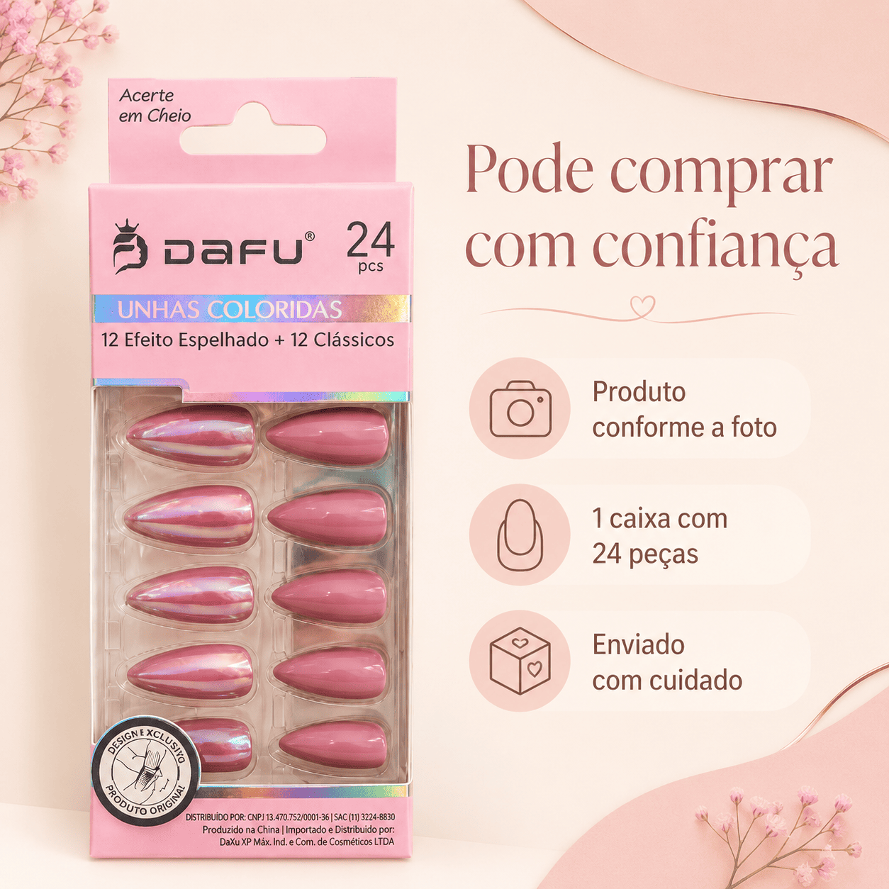 Unhas Postiças DAFU Coloridas Rosé Espelhadas 24 Peças Femininas Decoradas - Imagem 5