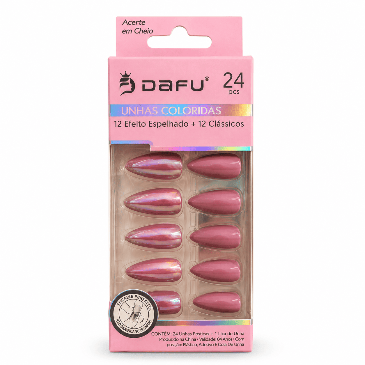 Unhas Postiças DAFU Coloridas Rosé Espelhadas 24 Peças Femininas Decoradas