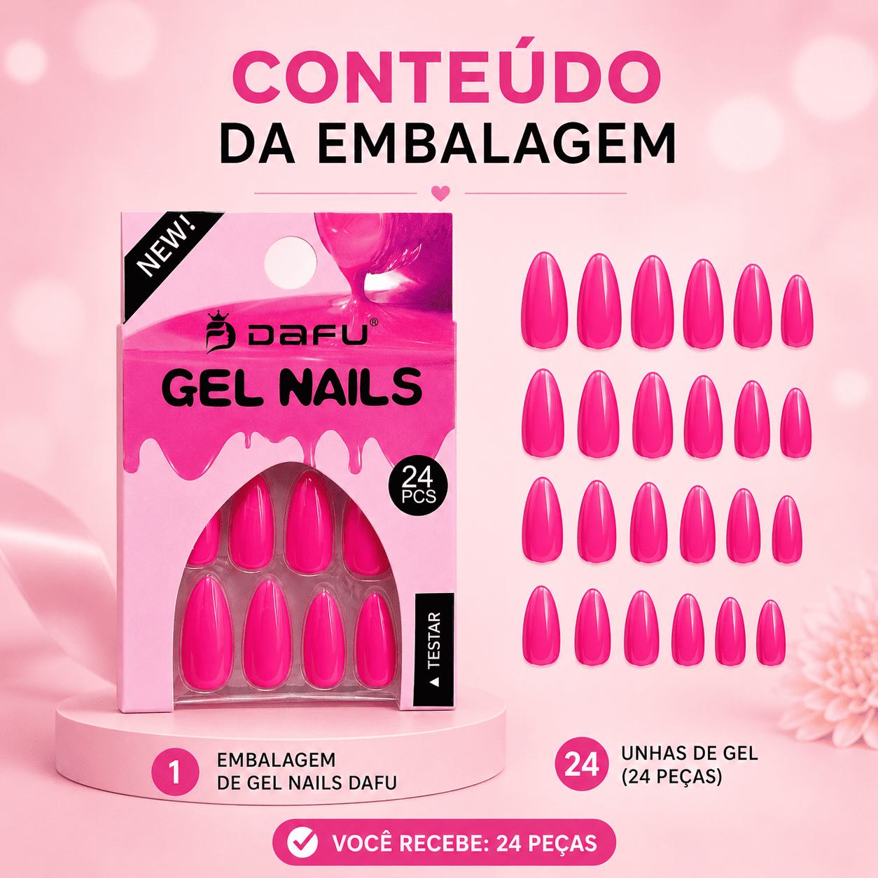 Unhas Postiças Gel Nails Dafu Pink 24 Peças Brilhante Unha Falsa Fashion Prática Feminina - Imagem 2