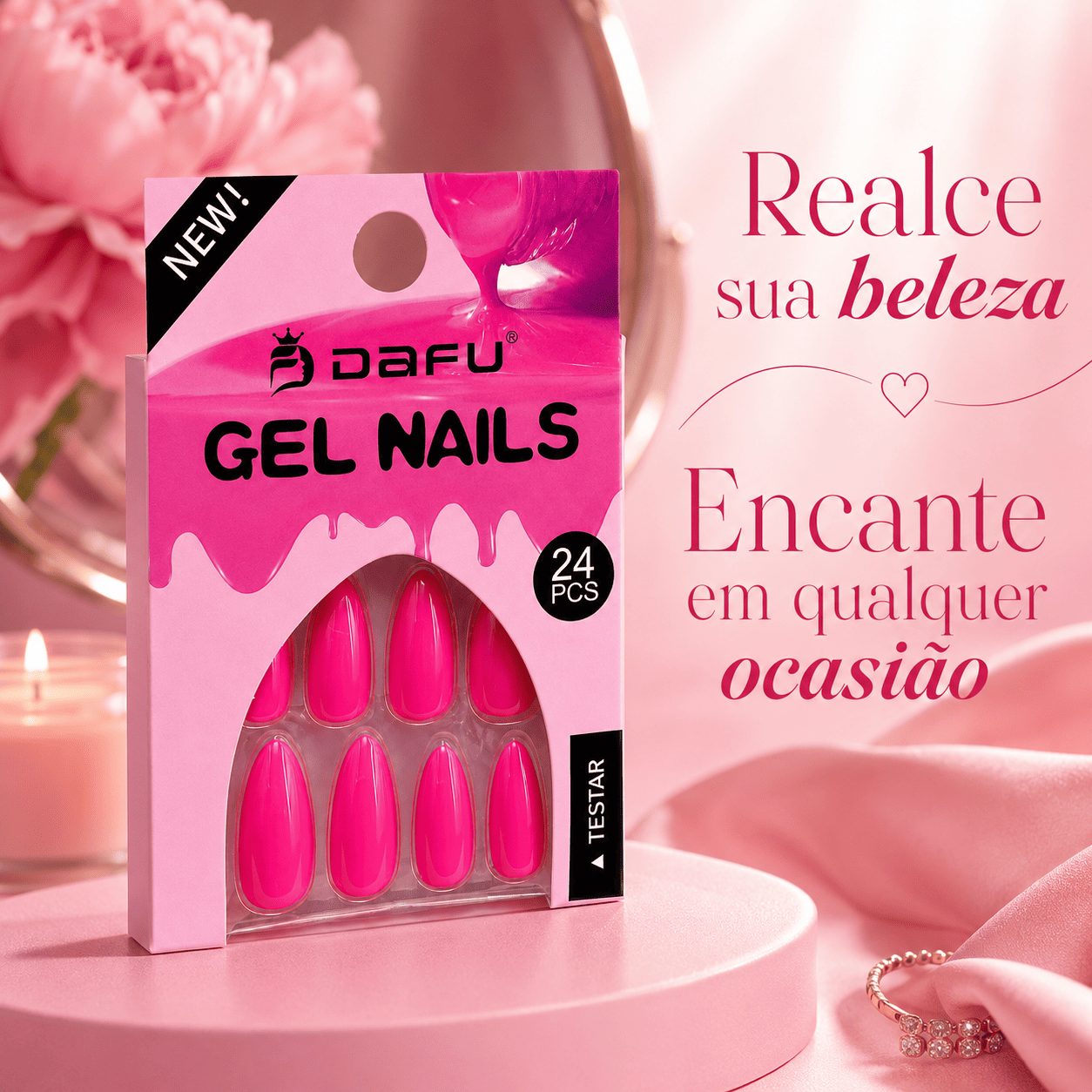 Unhas Postiças Gel Nails Dafu Pink 24 Peças Brilhante Unha Falsa Fashion Prática Feminina - Imagem 3