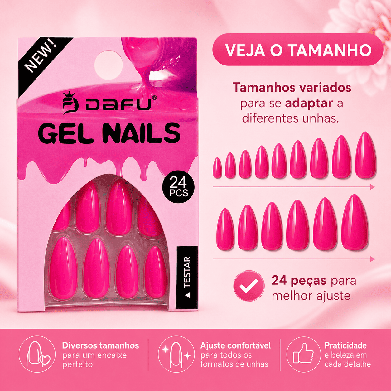 Unhas Postiças Gel Nails Dafu Pink 24 Peças Brilhante Unha Falsa Fashion Prática Feminina - Imagem 4