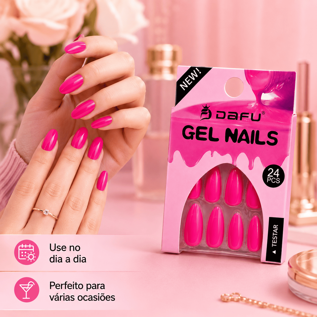 Unhas Postiças Gel Nails Dafu Pink 24 Peças Brilhante Unha Falsa Fashion Prática Feminina - Imagem 5