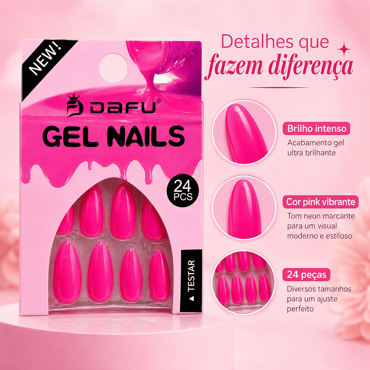 Unhas Postiças Gel Nails Dafu Pink 24 Peças Brilhante Unha Falsa Fashion Prática Feminina - Imagem 7