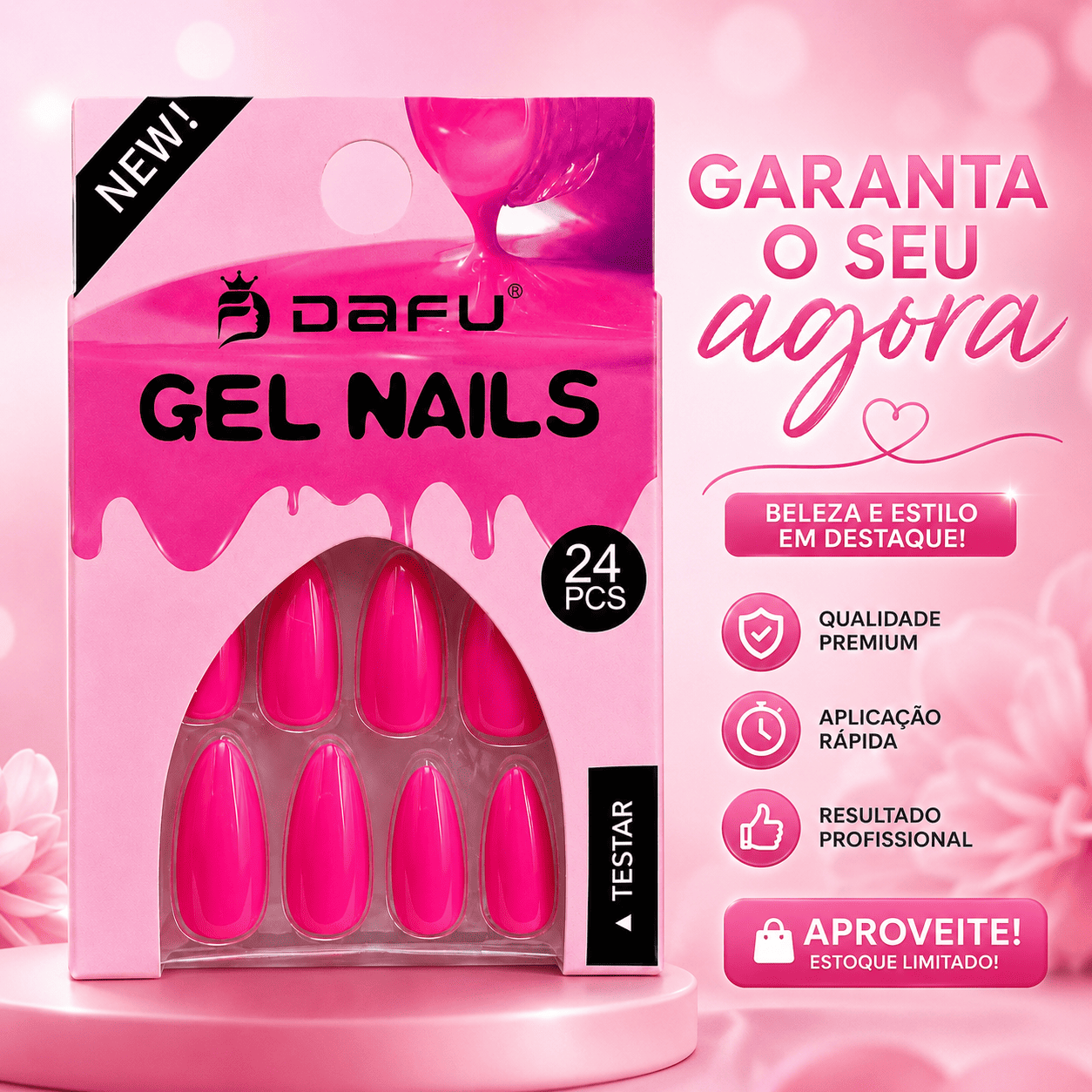 Unhas Postiças Gel Nails Dafu Pink 24 Peças Brilhante Unha Falsa Fashion Prática Feminina - Imagem 8
