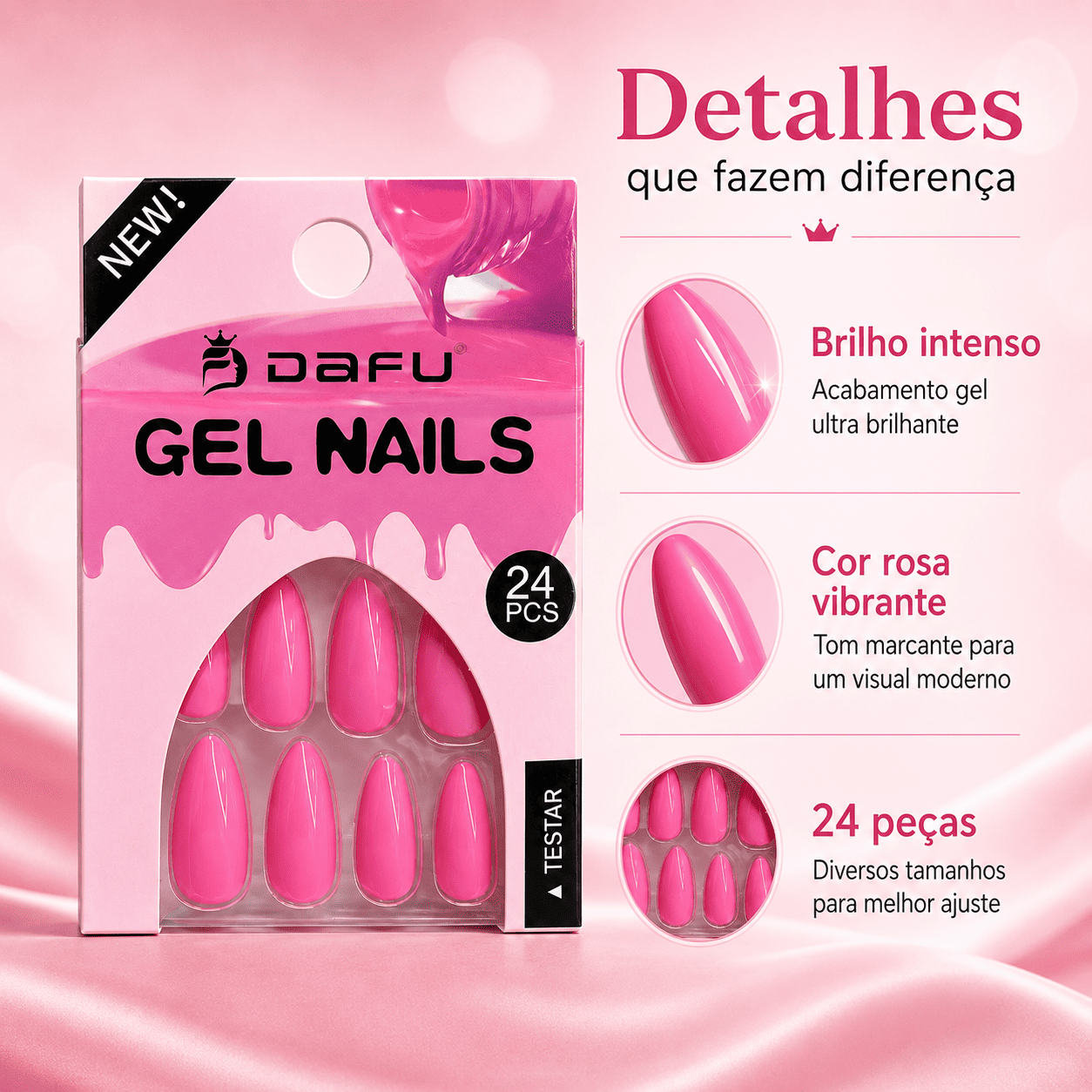 Unhas Postiças Gel Nails Dafu Rosa 24 Peças Brilhante Unha Fashion Alongamento Prática Feminina - Imagem 3