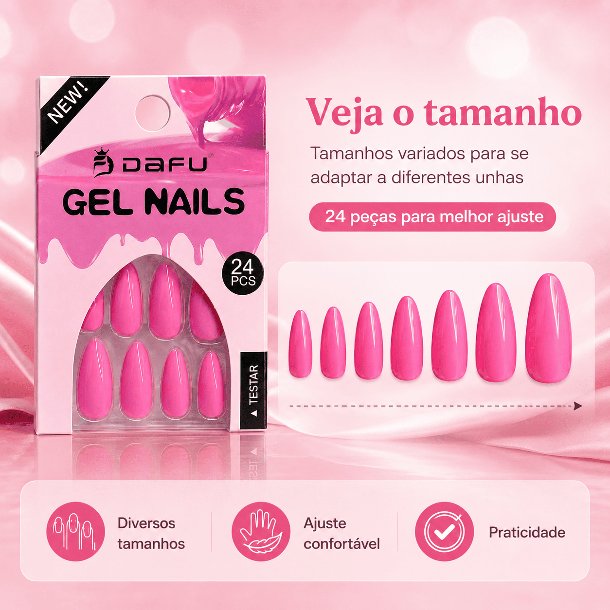 Unhas Postiças Gel Nails Dafu Rosa 24 Peças Brilhante Unha Fashion Alongamento Prática Feminina - Imagem 4