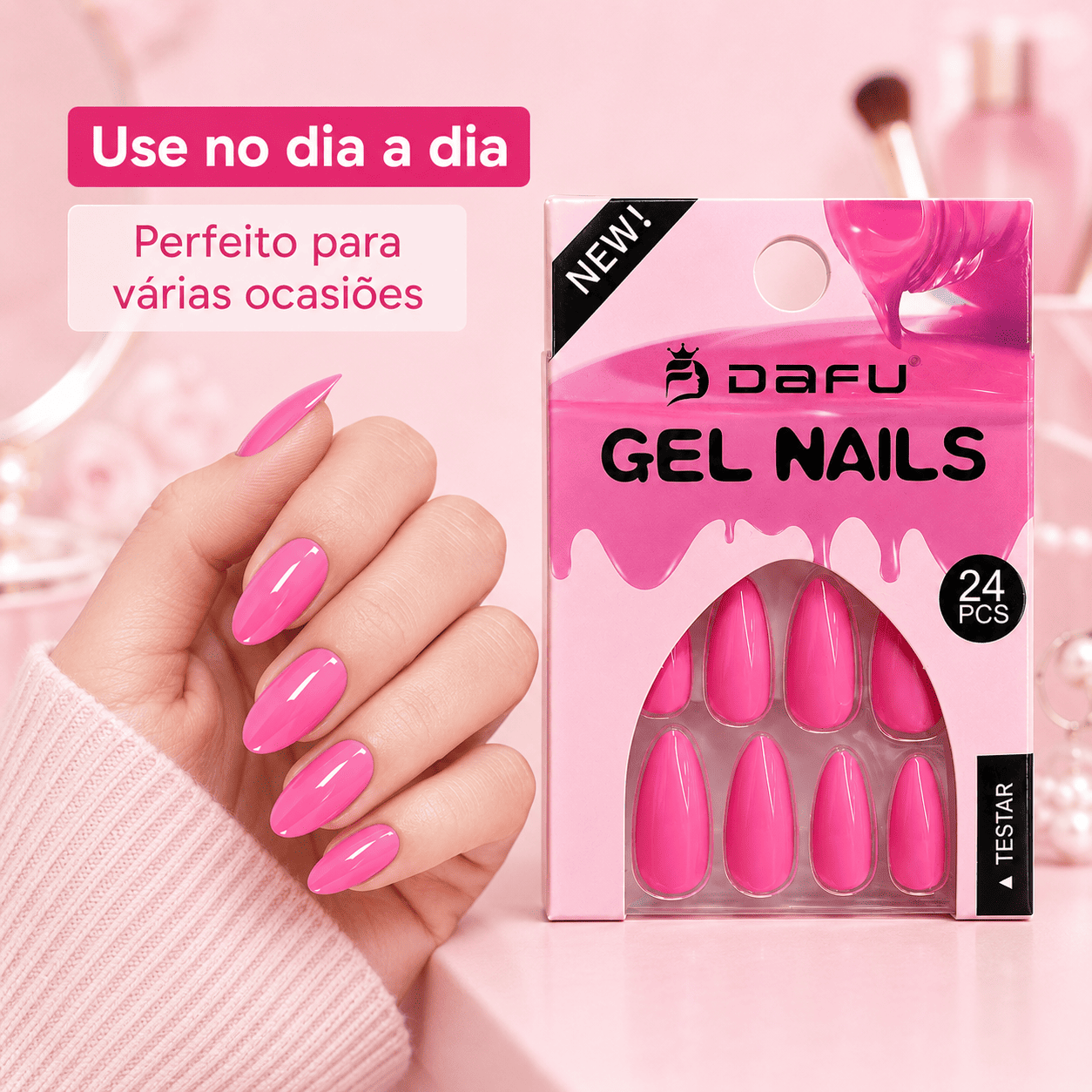Unhas Postiças Gel Nails Dafu Rosa 24 Peças Brilhante Unha Fashion Alongamento Prática Feminina - Imagem 6