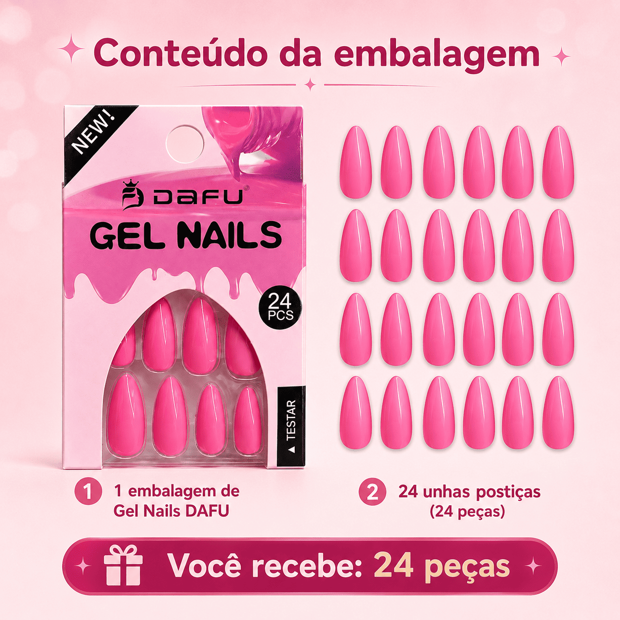 Unhas Postiças Gel Nails Dafu Rosa 24 Peças Brilhante Unha Fashion Alongamento Prática Feminina - Imagem 9