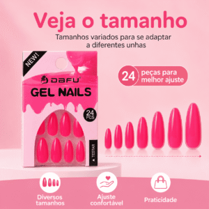 Unhas Postiças Gel Nails Dafu Pink Neon 24 Peças Brilhante Alongamento Prática Feminina